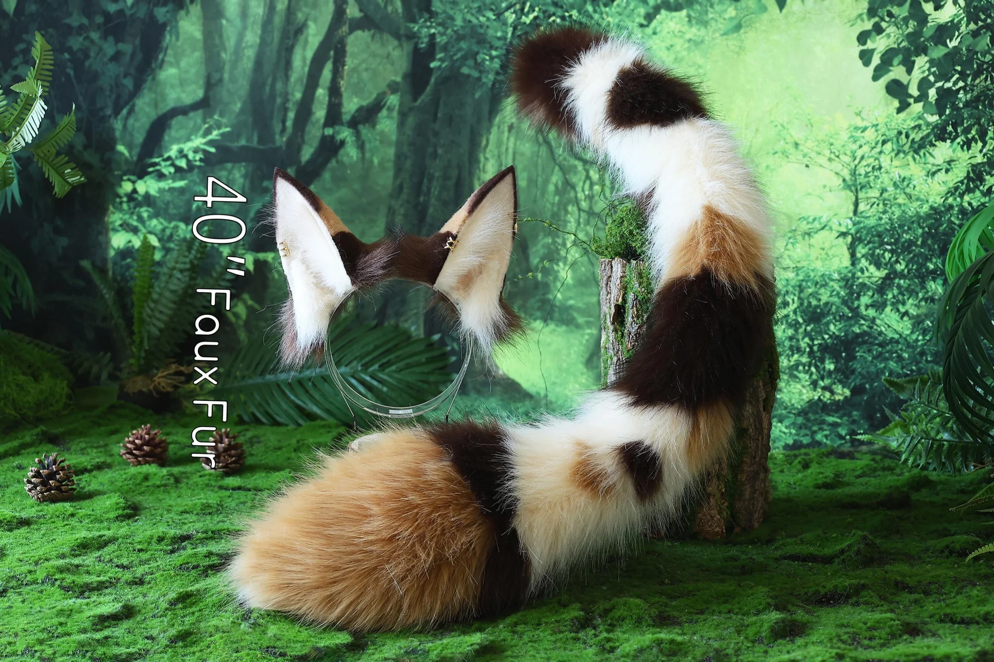 Faux fur tricolor cat ears and tail, curved wolf tail and ears, cat tail and ears, kitten ears and tail, anime character cosplay