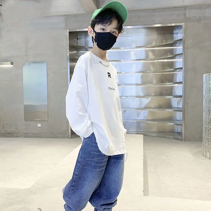 Boys' Cotton Handsome Long Sleeved T-shirt 2024 New Spring And Autumn Season Loose Base Shirt For Middle-aged And Young Child image 3