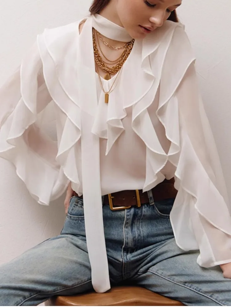 Chiffon Ruffle Top Autumn Loose Outerwear Commuting V-neck Shirt Women's Solid Color Elegant Versatile Long-sleeved Shirt Top