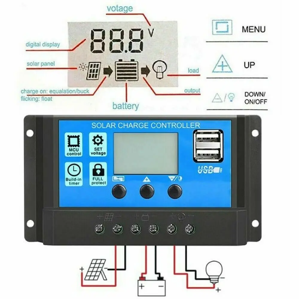 10A 30A 50A 60A PWM Solar Charge Controller 12V 24V Auto LCD Dualusb 5V Output Solar Panel Regulator Battery Charger Controller