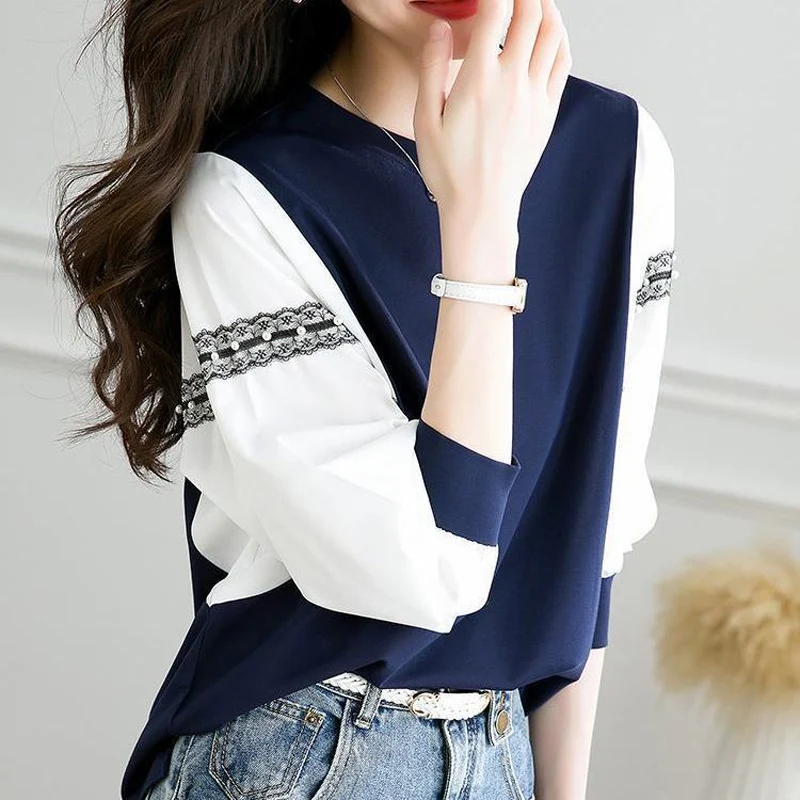 Spring Autumn New Round Neck Long Sleeve Loose T-shirt Women Korean Style Contrast Color Patchwork Fake Two Pieces Pullovers Top