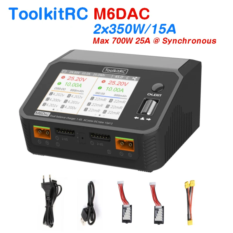 ToolkitRC M6DAC 350W x 2 USB-C 65W Постоянный/переменный ток, двойное умное зарядное устройство Dis баланс аккумулятора для 1-6S Lipo LiHV Lion NiMh Pb Cell