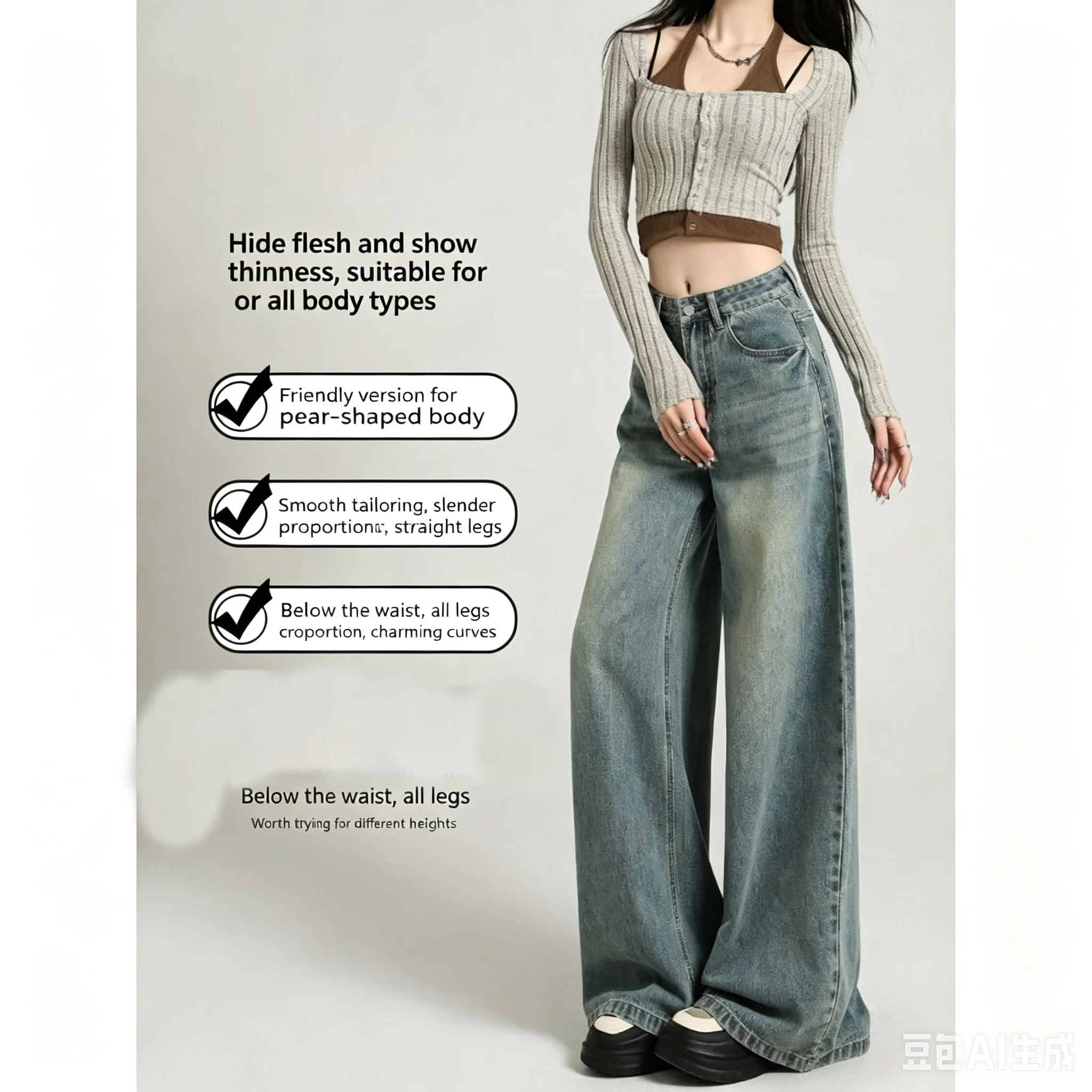 American Style High Waist Wide Leg Jeans Women's Spring Autumn New Loose Slim Straight Floor-Length Pear Shape Body Fit