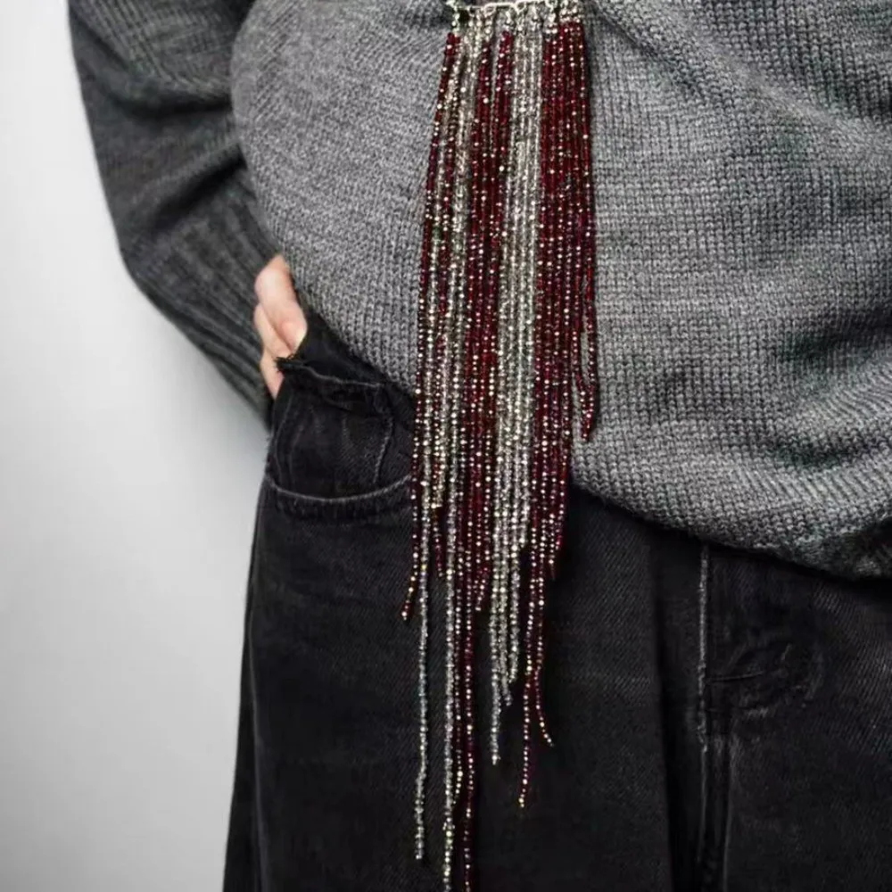 Alloy Tassel Chain Brooch Water Droplet Fringe Exaggerated Clothing Tie Pin Jewelry Accessories Gold Color Bead Fixed Ornament