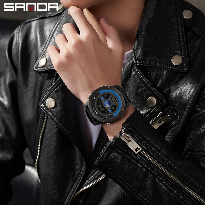 SANDA 9024 Men\'s New Car Steering Wheel Watch Sport Silicone Band Design 50M Waterproof LED Digital Wristwatch Relogio Masculino