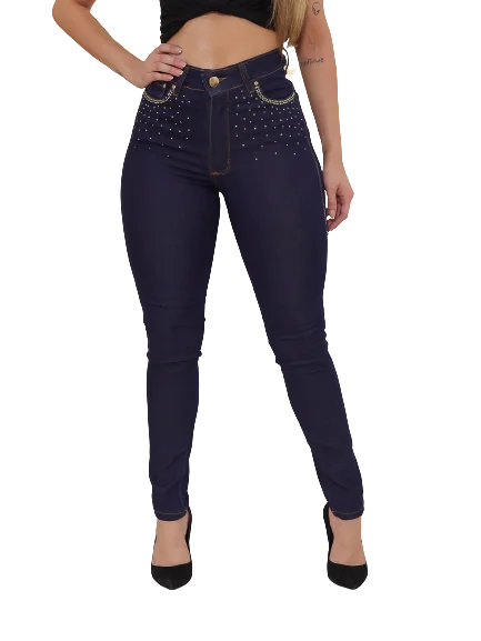 Calça Feminina Skinny Jeans De Cor Escuro Com Strass No Bolso Roupas Femininas Jeans plus Size Novo
