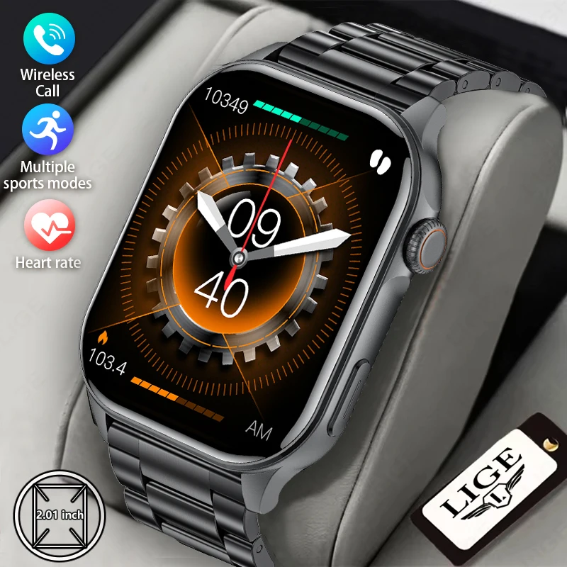 

LIGE новые 2,01-дюймовые сенсорные умные часы для мужчин, водонепроницаемые Bluetooth-вызовы, мужской браслет, монитор здоровья, мужские и женские умные часы