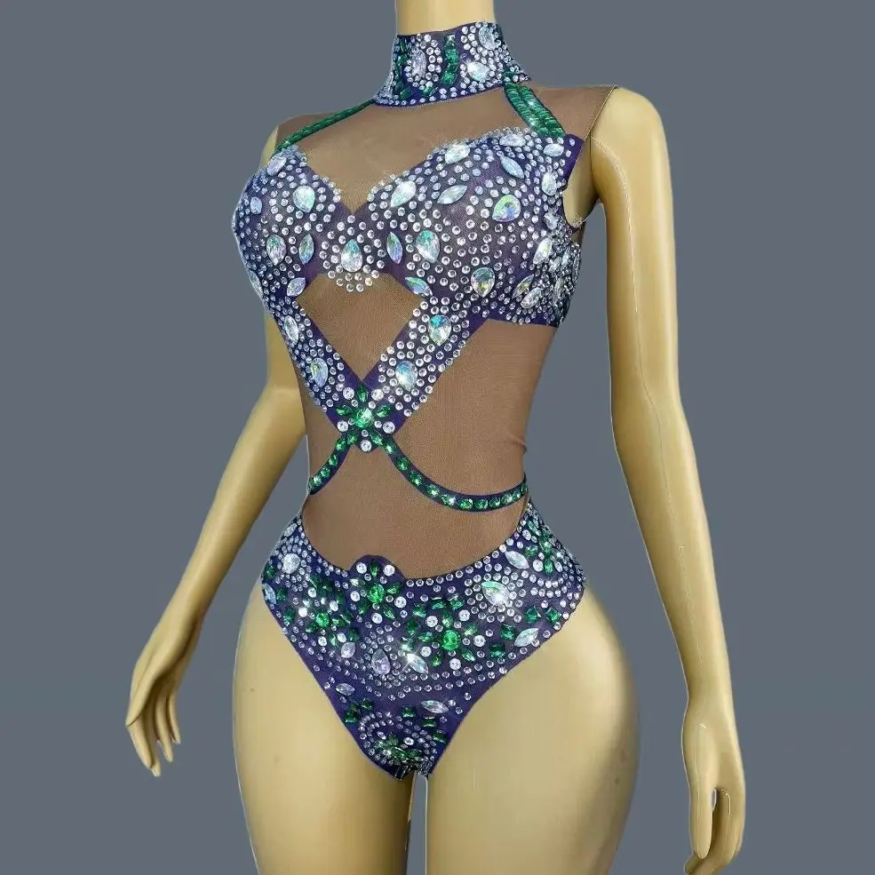 

Night Party Showgirl Drag Queen Performer Mesh Bodysuit Stage Show Costume Club Women Dance Sparkly Rhinestone Sexy Outfit Yaoji