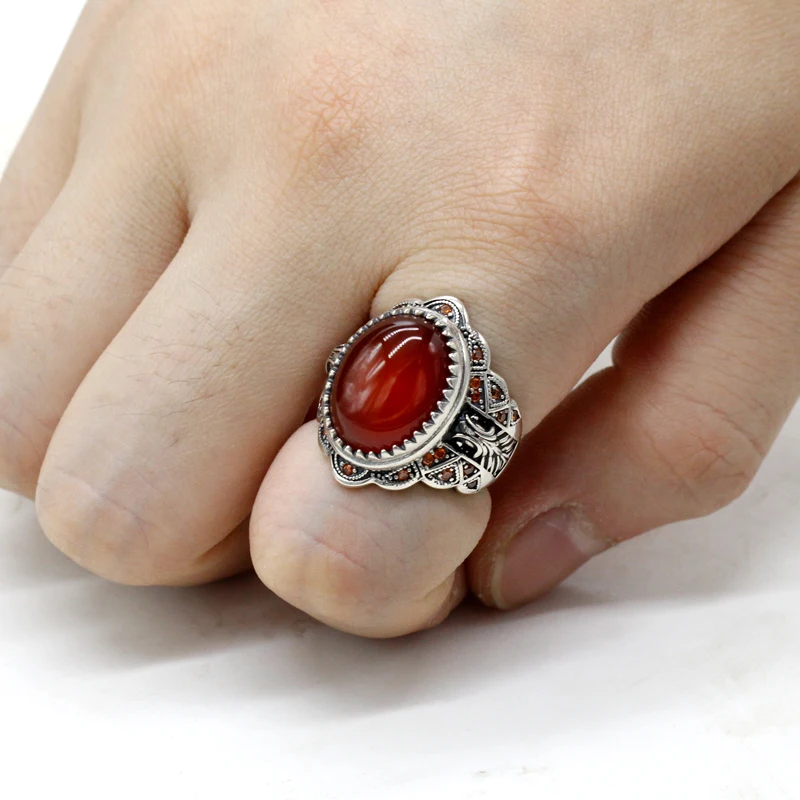 خاتم فضة Türkiye S925 فضة الطبيعية الأحمر العقيق الرجال خاتم البتلة خطوة تصميم قسط مجوهرات ريترو فاخر شريك هدية المرأة