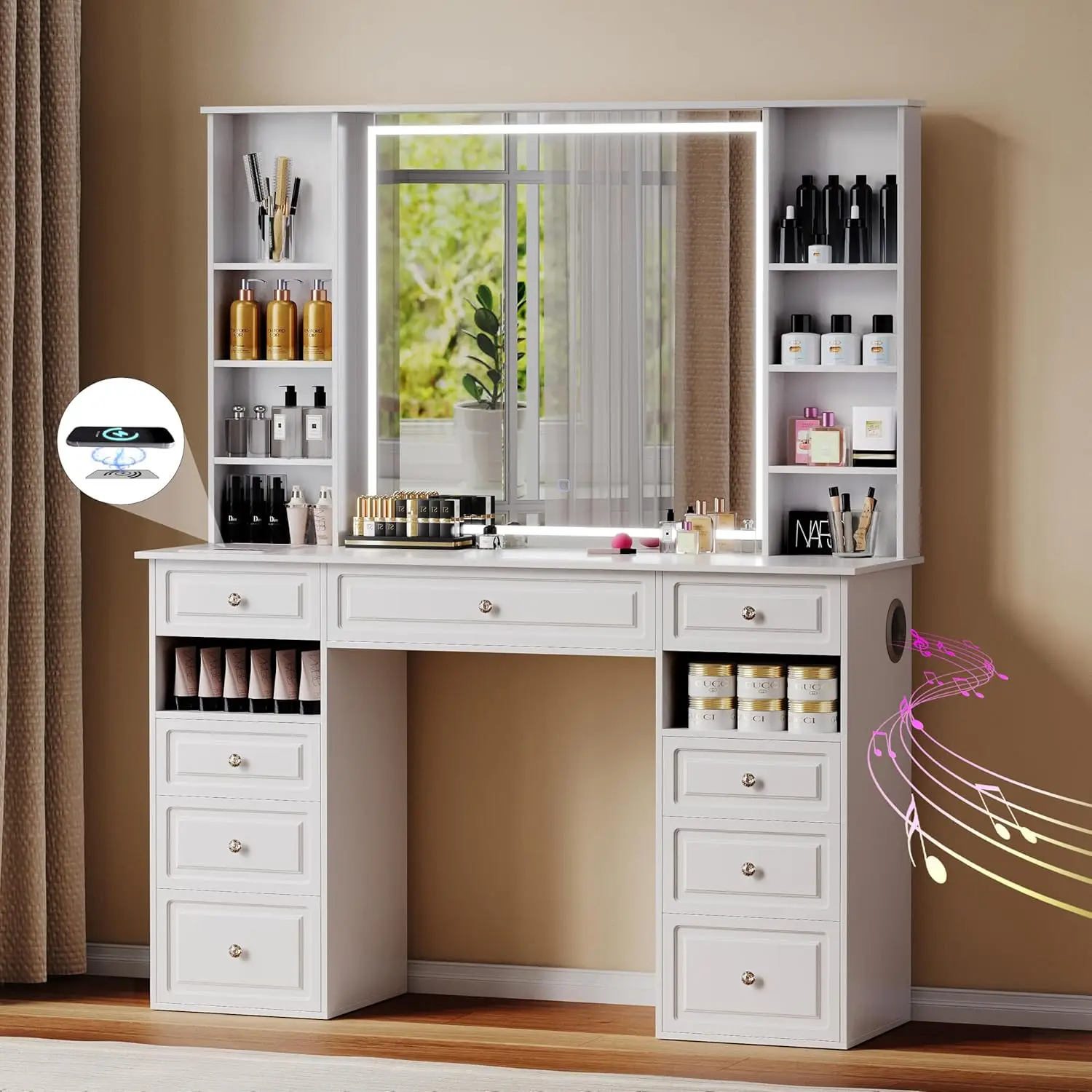 Extra Large 47'' Vanity Desk with Lighted Mirror, 9 Drawers, Crystal Knobs, Bluetooth Speaker, Wireless Charging, White