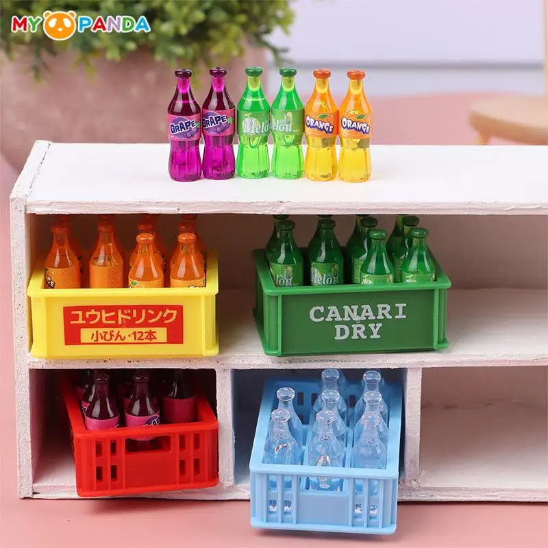 1:12 Dollhouse Miniature Drinks Cola Soda Drink Bottle with Storage Box Model Doll House Living Scene Decor (12 Bottles+1 Frame)