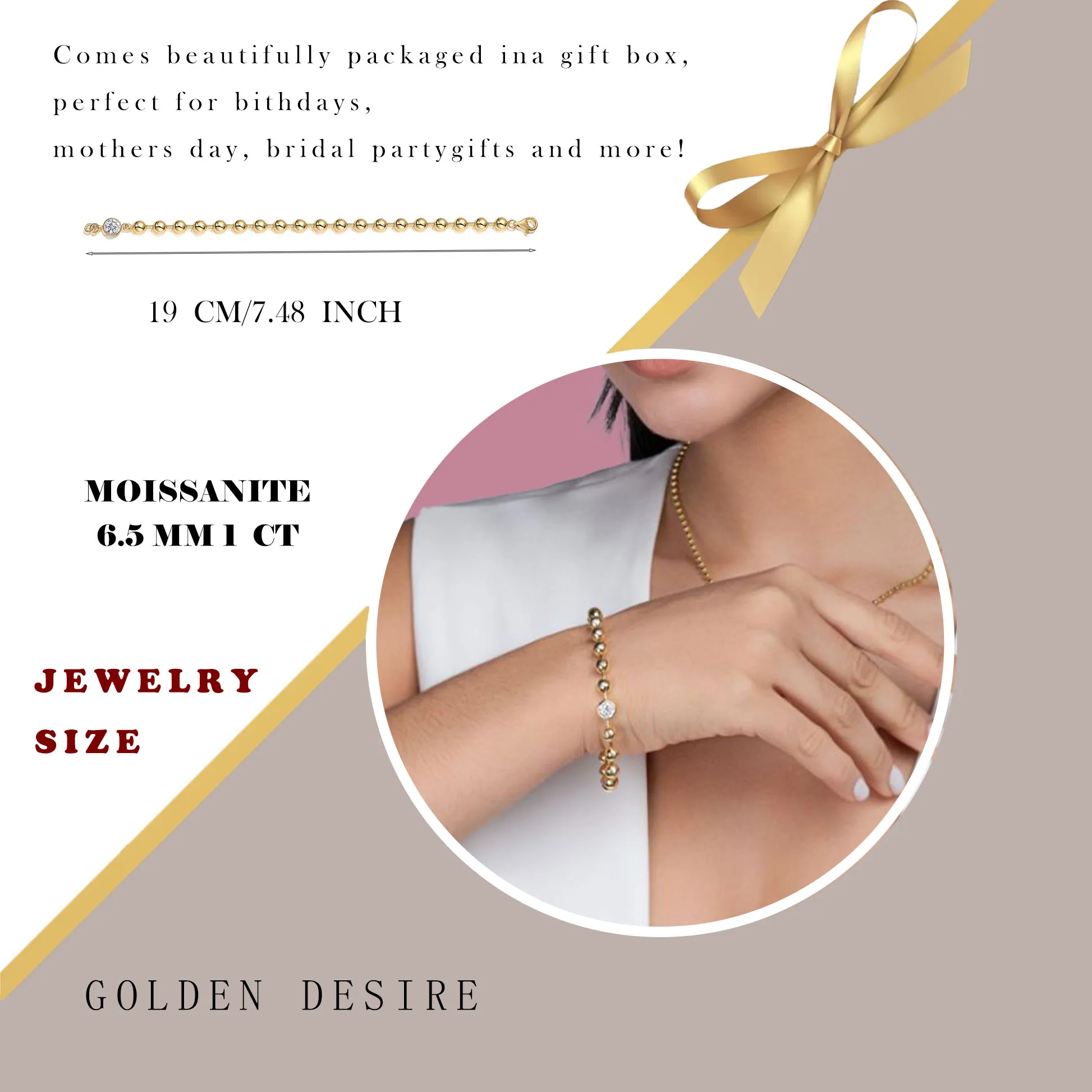 1 Carat Golden Spheres Moissanite Bracelet – 18K Gold Plated S925 Silver Beads, Symbolizing Strength and Connection