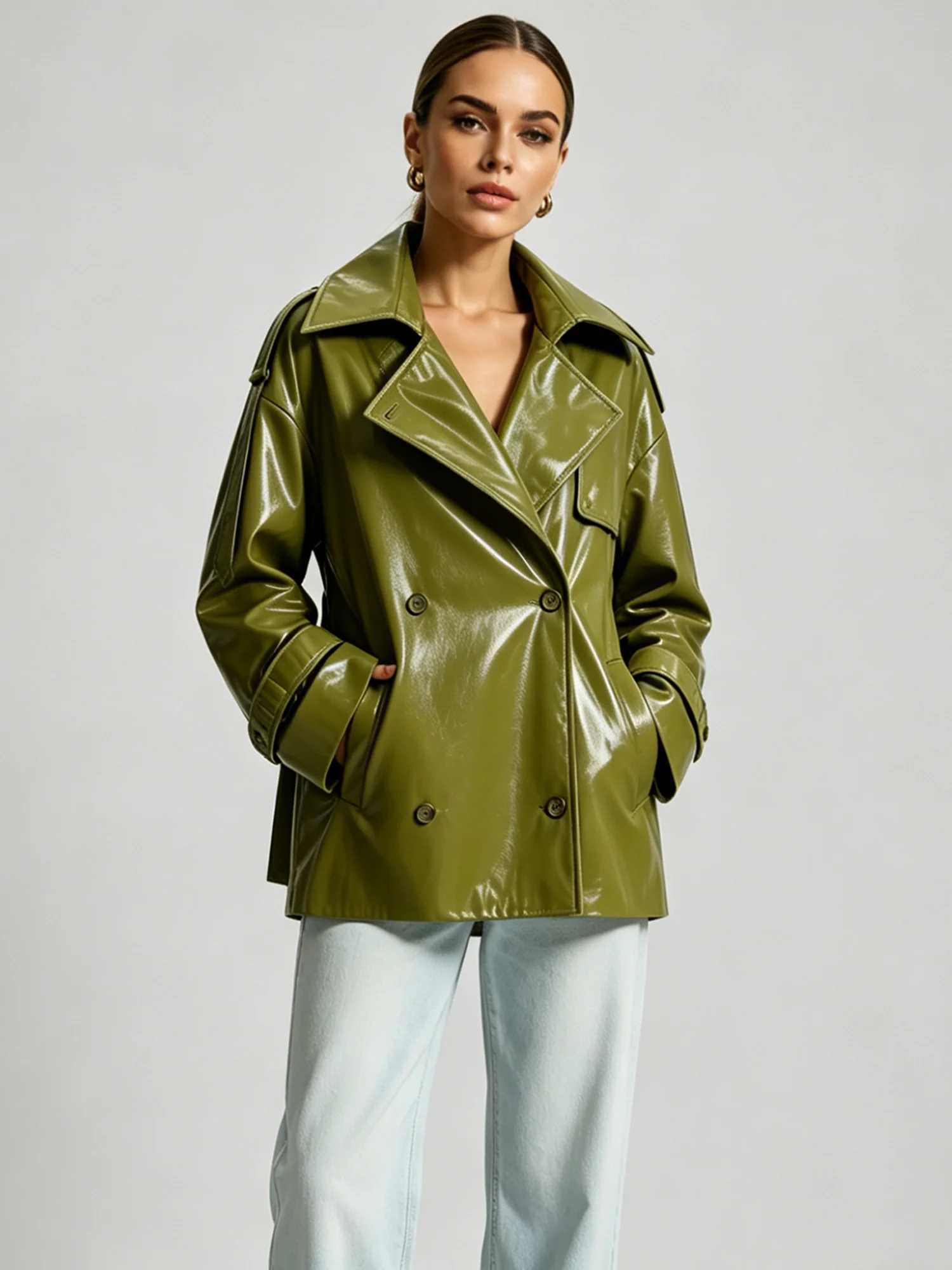 

LIMO Women's Shiny Faux Leather Trench Coat, Double Breasted Oversized Short Jacket