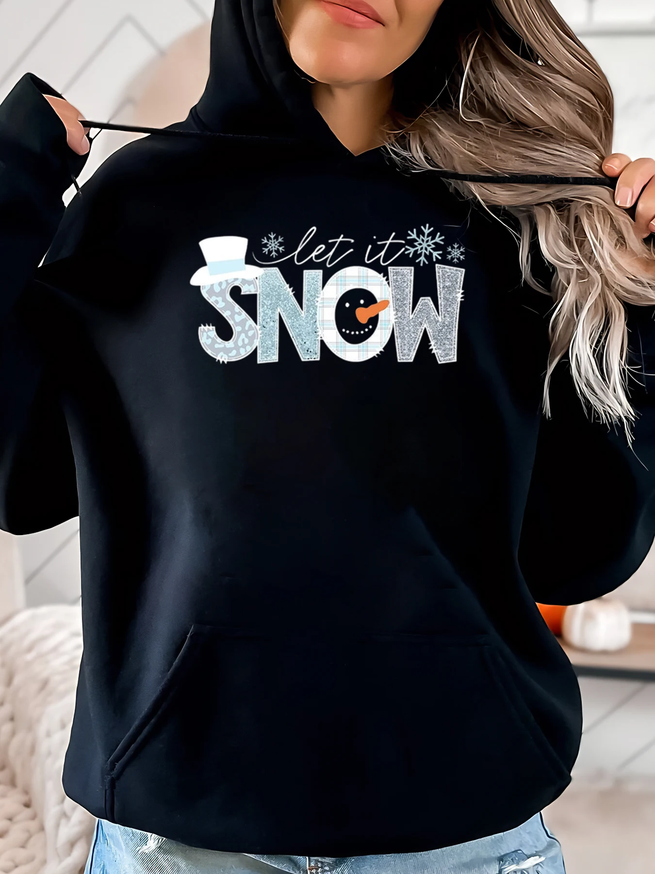 

Снеговик Let It Snow Рождественская толстовка с капюшоном женская зимняя повседневная одежда черный больших размеров