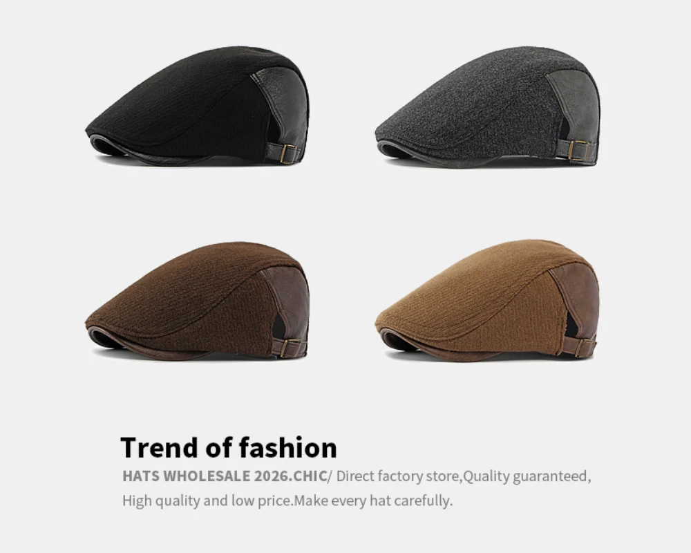 HT5152 Herren- und Damen-Baskenmütze 2026 Neue Herbst-Winter-Kappe für Männer und Frauen, Woll-Ivy-Flatcap, Künstler-Malermütze, Verstellbare PU-Leder-Baskenmütze – Detail 2