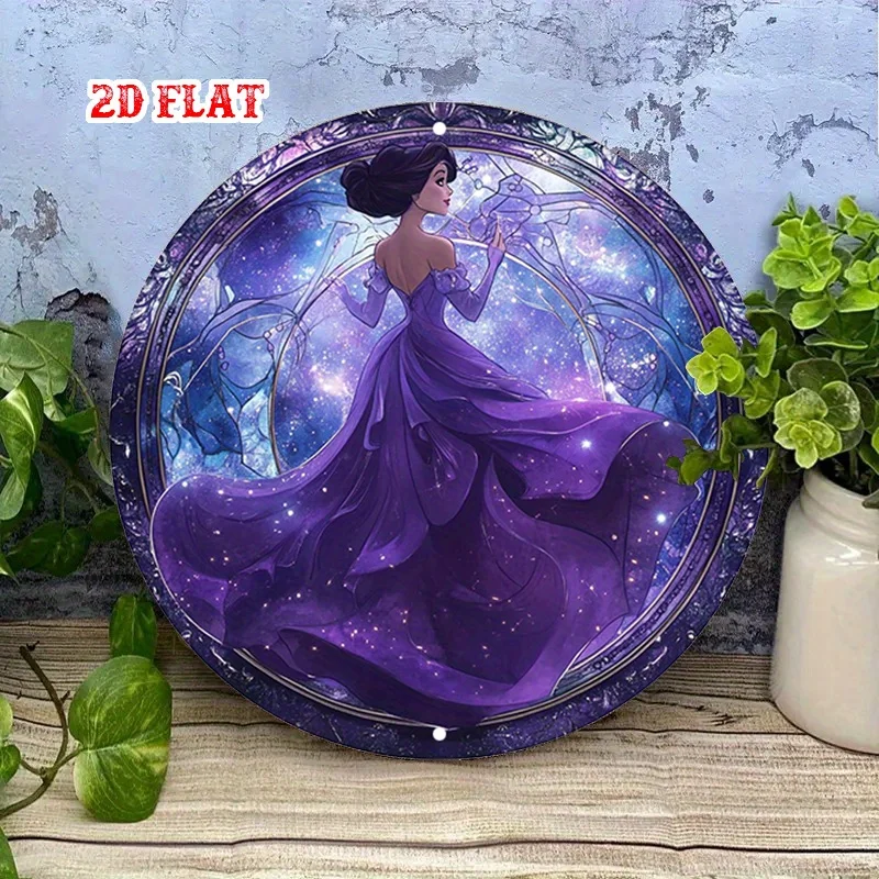 2D شقة 1PC ماجيك جولة الألومنيوم علامة، فستان أرجواني معدن القصدير تسجيل - نجوم ريفي جدار الفن المعدني، الأميرة المعادن جدار ديكور فني، #1