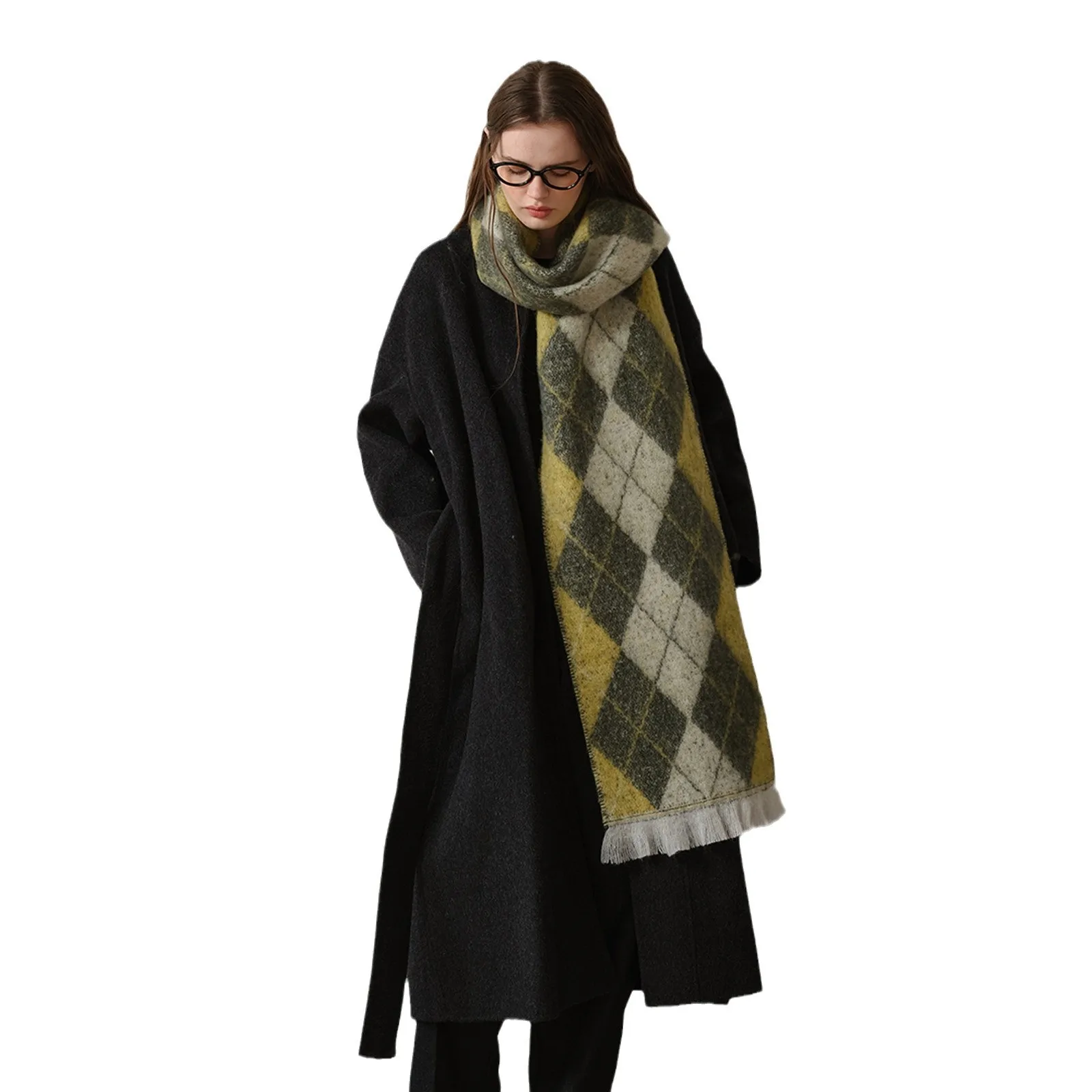 Korean Vintage Plaid Scarf Women's Classic Diamond Jacquard Knit Winter Warm Neck Wrap High-End Feel