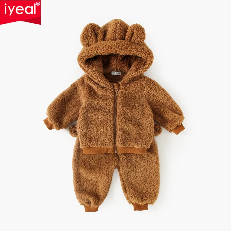 

IYEAL Детский плюшевый комплект из двух предметов с плюшевым мишкой, осенне-зимняя детская одежда с плюшевой толстой детской одеждой, курткой и штанами