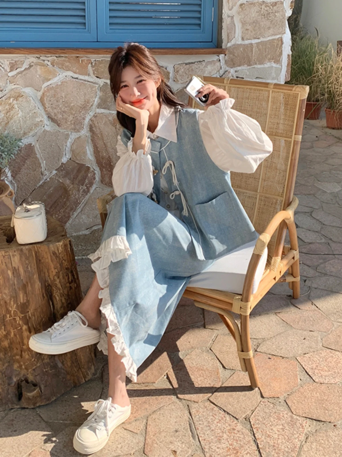 

Blue Vest irt f-length Skirt Tee-piece Set Women's Faionable Cool Sweet Small-size Spring Autumn ular Ensemble