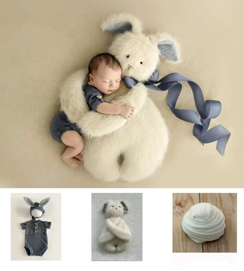 Newborn Photography Clothing Baby Photo Props Accessories Rabbit Plush Toy Decor Studio Infant Shoot Clothes Outfits