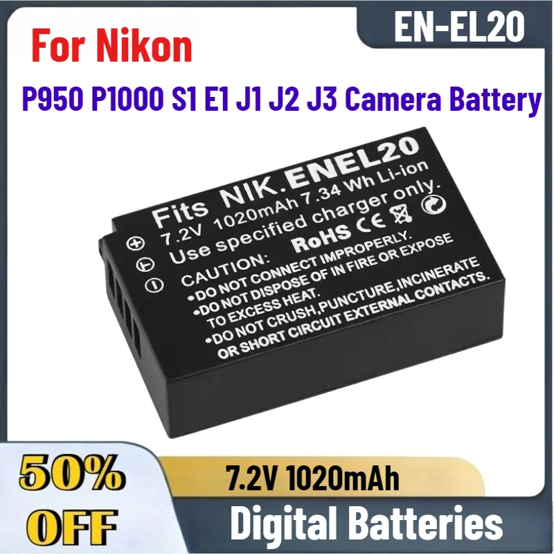 High-Quality In Stock 7.2V 1020mAh EN-EL20 EL22 ENEL20A Digital Batteries for Nikon P950 P1000 S1 E1 J1 J2 J3 Camera Battery