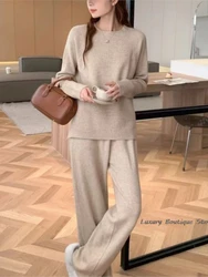 Solid Color Knitting Pullovers Tops And Wide Leg Pant Sets O-neck Loose Sweater Long Trouser Fashion 2 Piece Sets Women Outfit