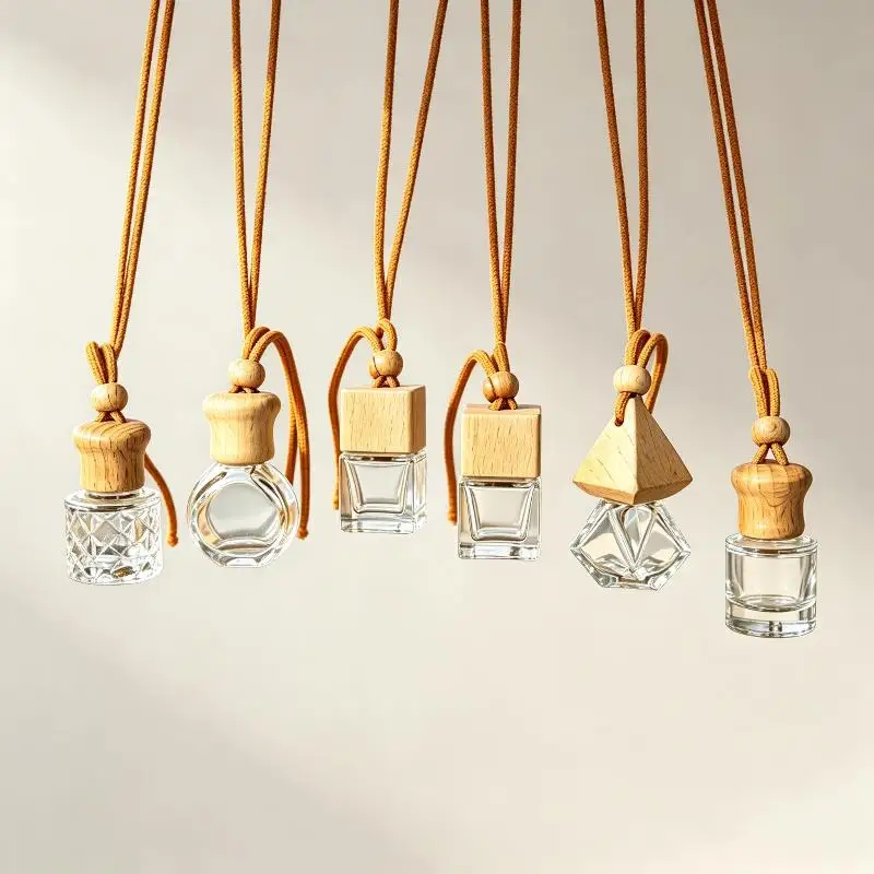 Hanging Empty Car Diffuser Bottles With Natural Wooden Lids Clear Glass For Car Interior Decor DIY Aromatherapy Use