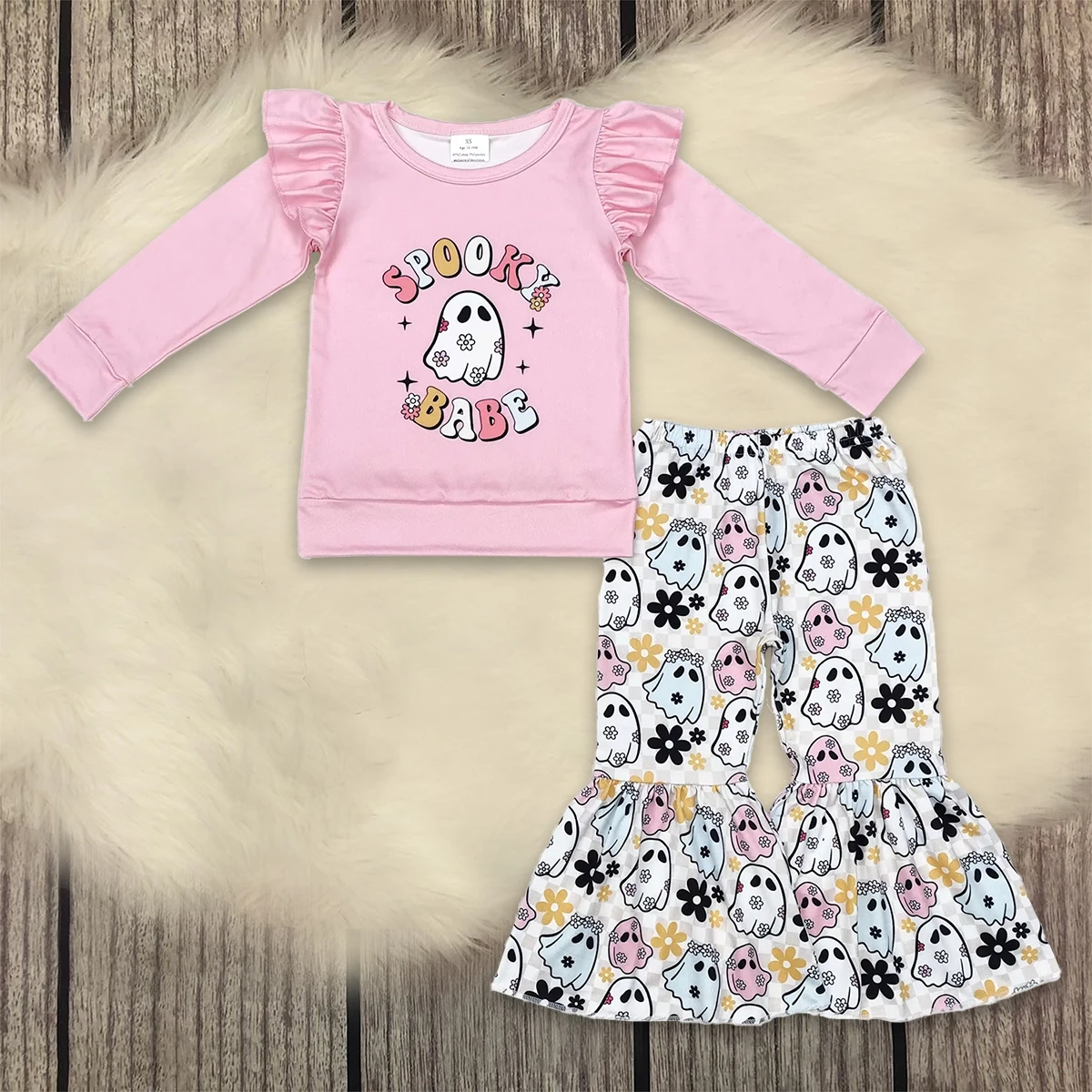 

Baby Girl Halloween Spooky Babe Pink Kids Clothes Infant Long Sleeve Shirts Tops Ghost Bell Pants Toddler Children Fall Outfit