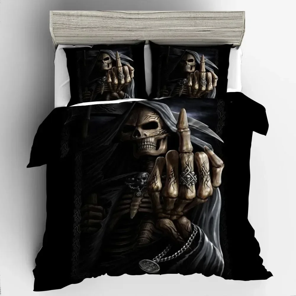 Skull Duvet Cover Set King Queen Size Black Gothic Skeleton Bedding Set for Teens Adults Halloween Scary Polyester Quilt Cover