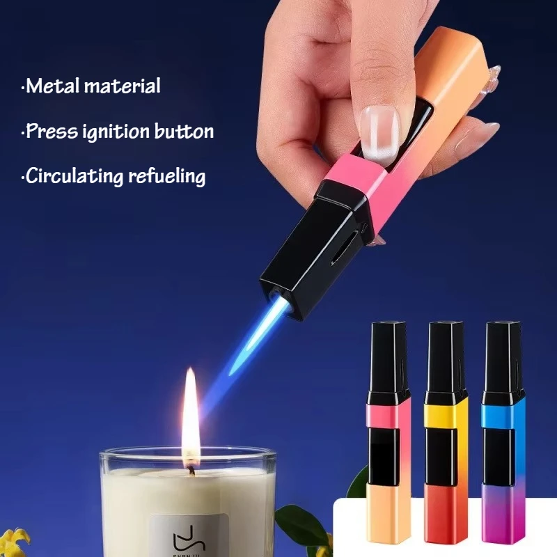 2026 New Fashion Gradient Color Press Lighter Small Spray Gun Blue Flame Outdoor Windproof Metal Butane Inflatable Lighter