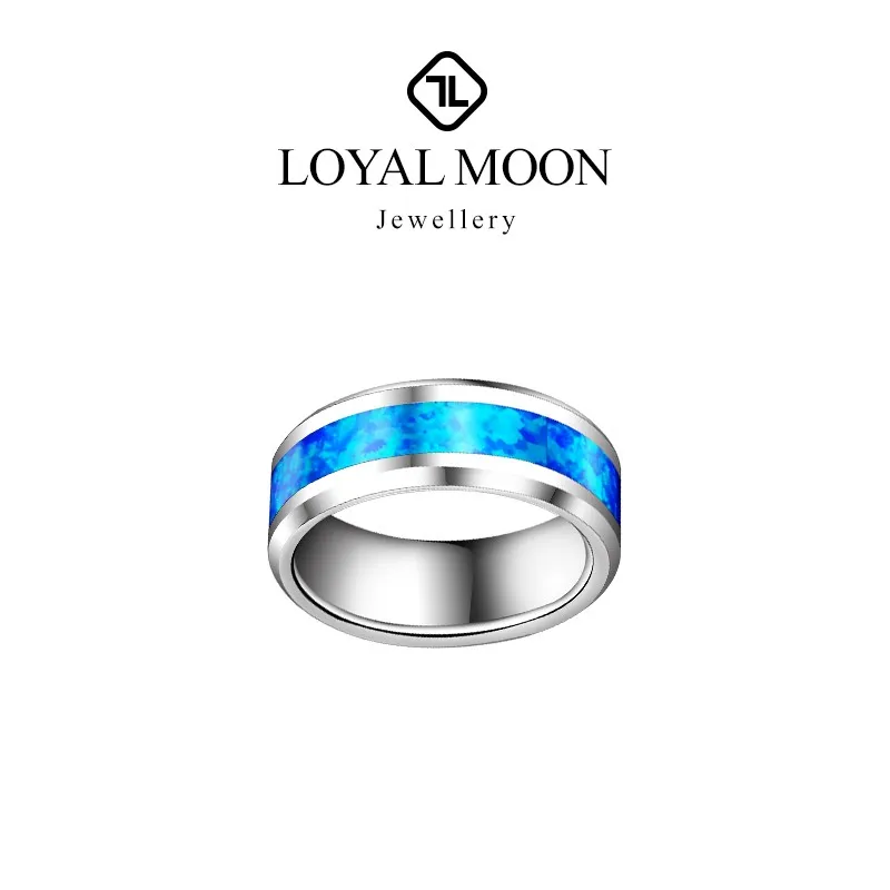 Loyal Moon Tungsten Wedding Rings For Men Women 8mm Width Inlay Blue Opal Fashion Jeweley, Customized