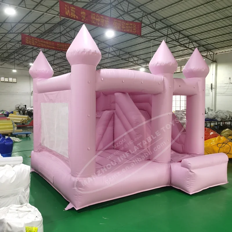 Castillo hinchable de salto comercial, combinación inflable rosa pastel, tobogán de casa de rebote blanco con soplador de aire