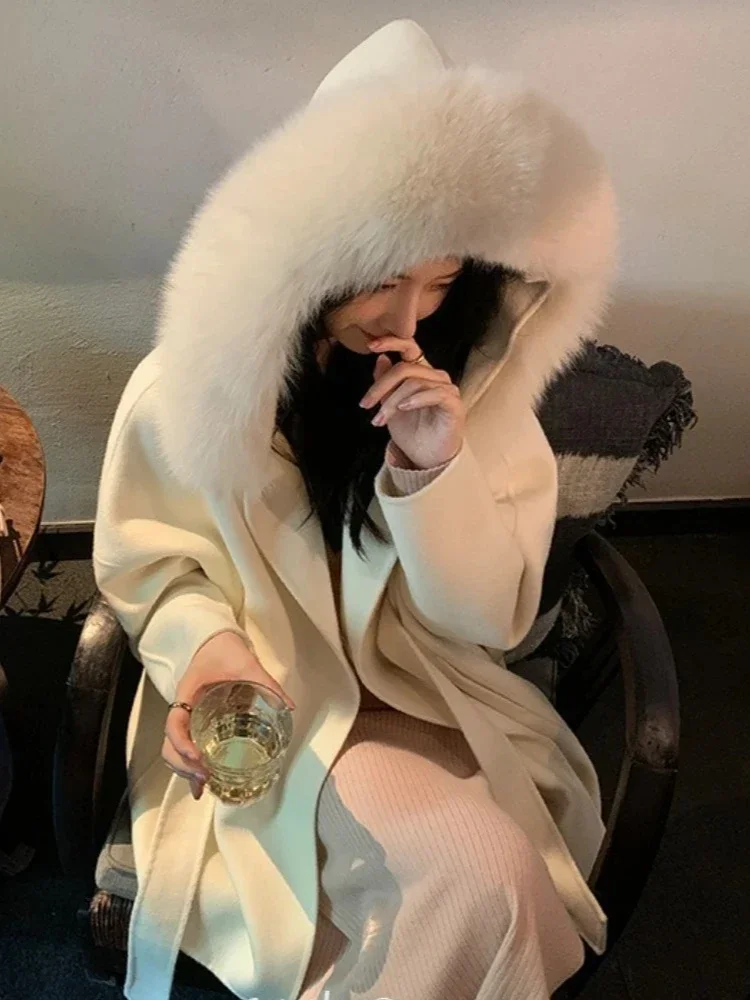 المرأة مزدوجة الوجه معطف الصوف الخريف الشتاء الملابس الإناث 2025 موضة جديدة مقنعين ريال فوكس الفراء الكشمير سترة صوفية