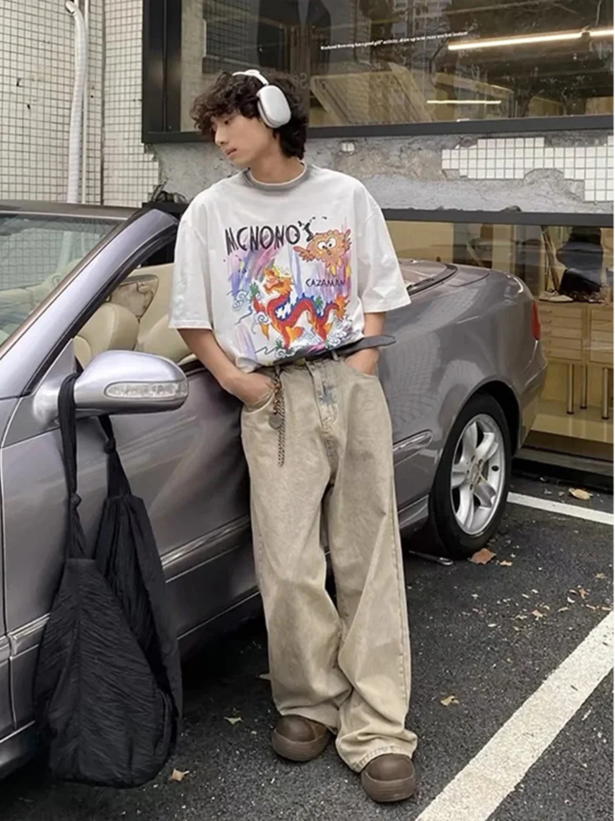 الرجعية الأمريكية Waed شارع العليا الطين اللون الجينز الرجال النساء فضفاض مستقيم الساق السراويل عارضة الشباب الاتجاه الخريف الموسم