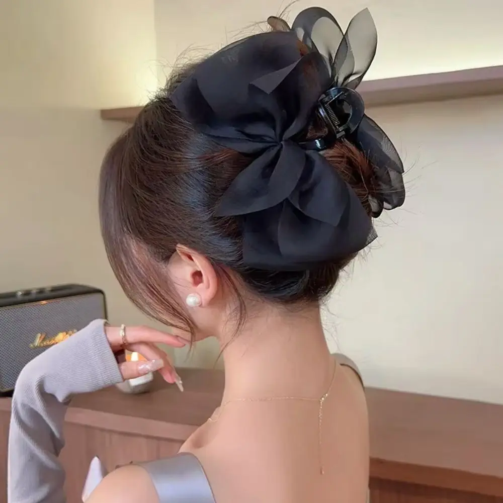 

Luxury French Style Chiffon Hair Claw Large Temperament Bow Shark Clip Elegant Sweet Women Hair Grab Girl