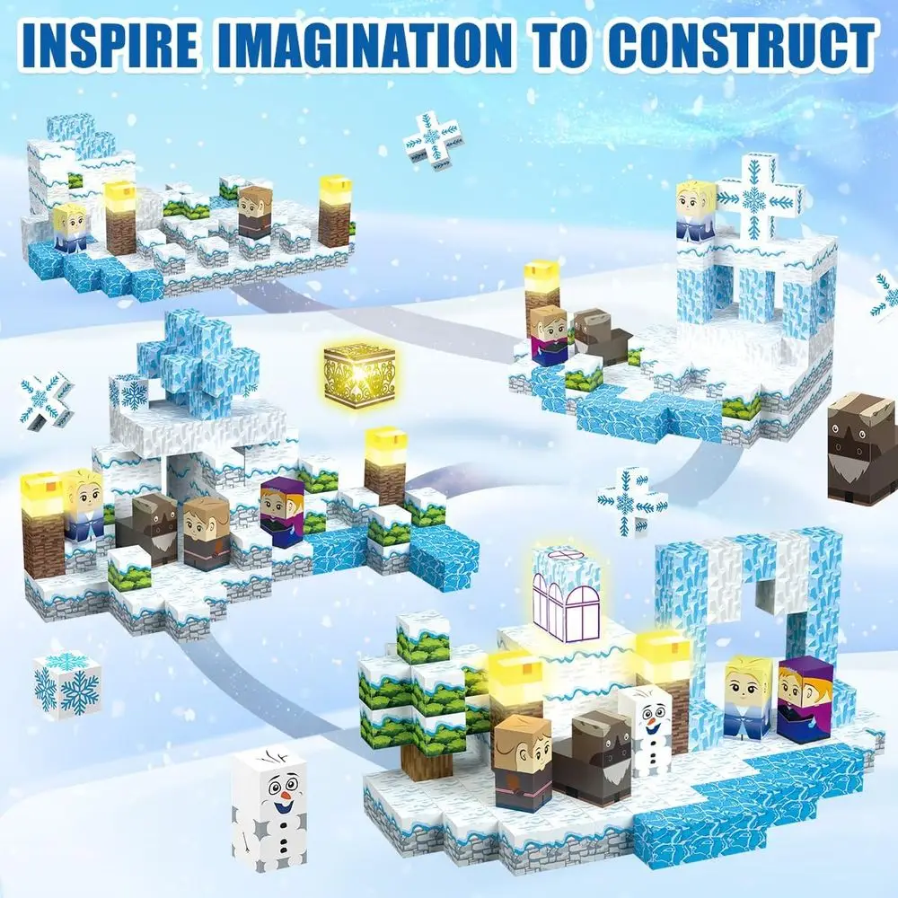 100ピースの磁気ブロック、光るタイル付き、3D雪の世界テーマ、3歳以上のお子様向けの教育STEM玩具