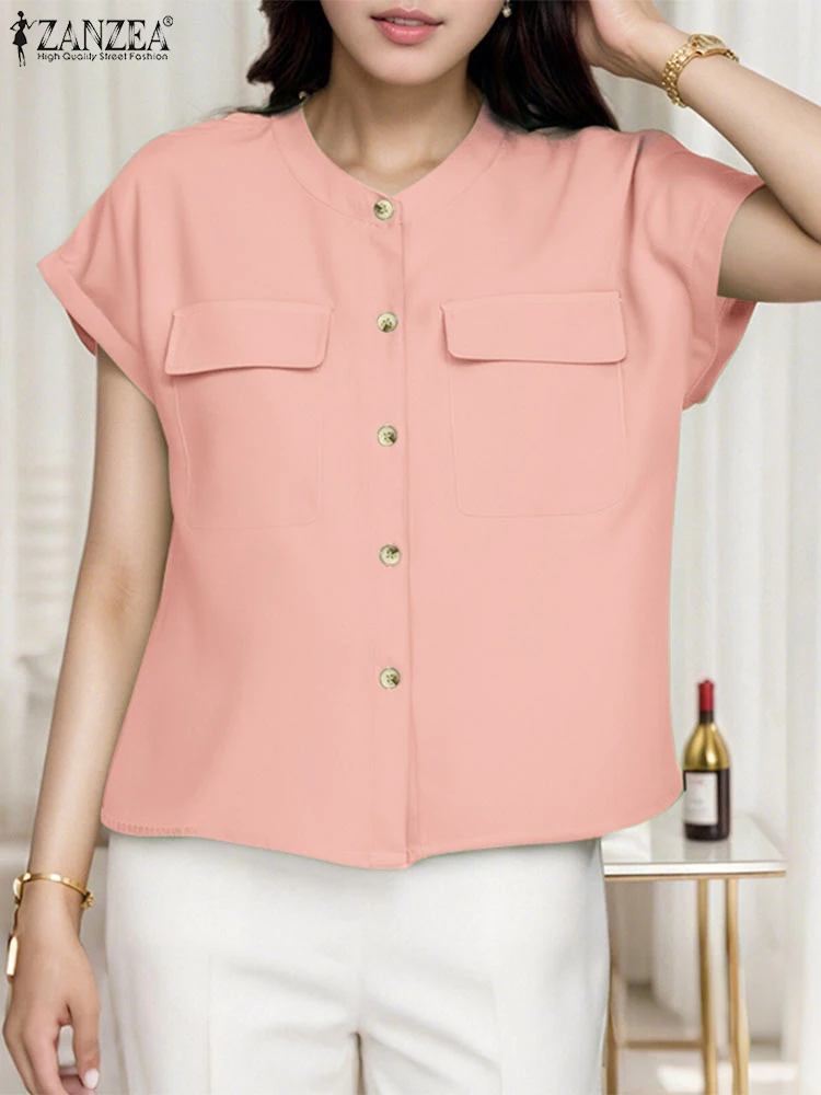 ZANZEA Summer Shirts Women Short Seeve Fashion Tops 2025 Casual Loose O-Neck Buttons Pullovers Solid Fashion OL Work Tunic
