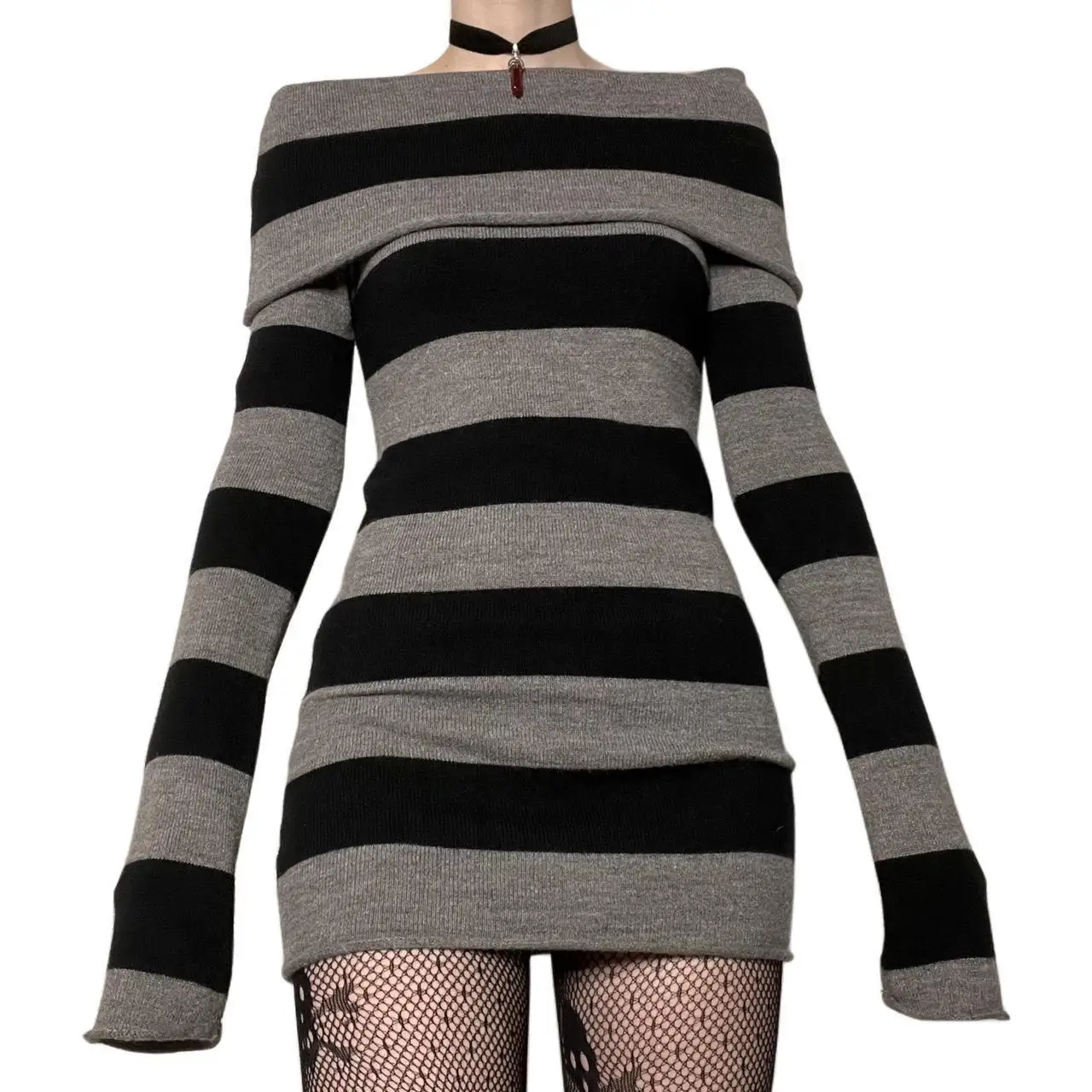 Women Striped Mini Bodycon Dress Stripe Boat-Neck Off Shoulder Long Sleeve Short Dress Spring Autumn Wrapped Hip Party Dress