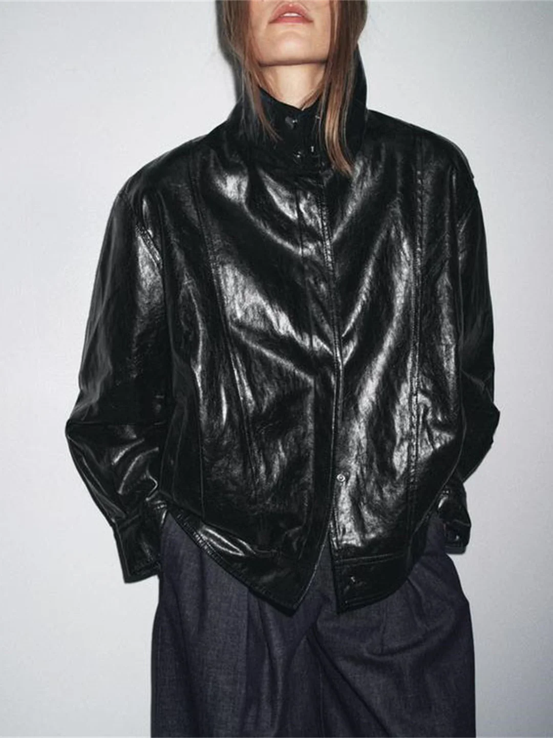 ini Pelle Jaet Collo alto Lungo Sve Cappotto casual in pelle PU con orlo gonfio da donna per la stagione autunnale 354825