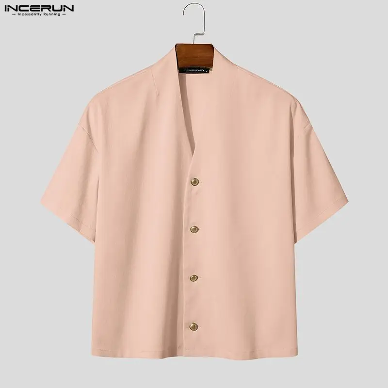 

INCERUN Men's Shirt Solid Color V Neck Short Sleeve Button Men Clothes Summer Streeetwear Loose Korean Style Casual Tops For Man