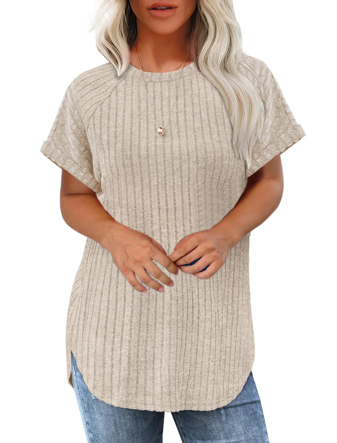 

2025 Women's Summer Casual Tops Round Neck Short Sleeve Blouse Solid Color Top Loose Fit For Ladies