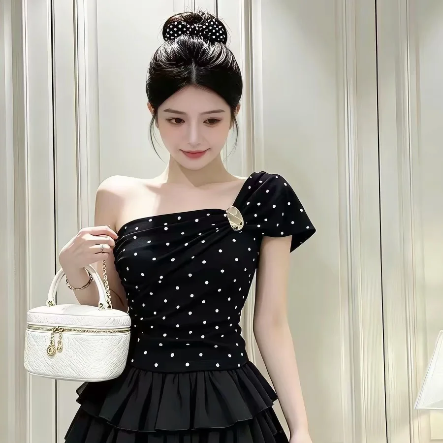 Summer New Sweet And Spicy Style Women's Slim Fit Short Sleeve Patchwork Polka Dot Top Fixed Strap with Chest Pad Versatile T...