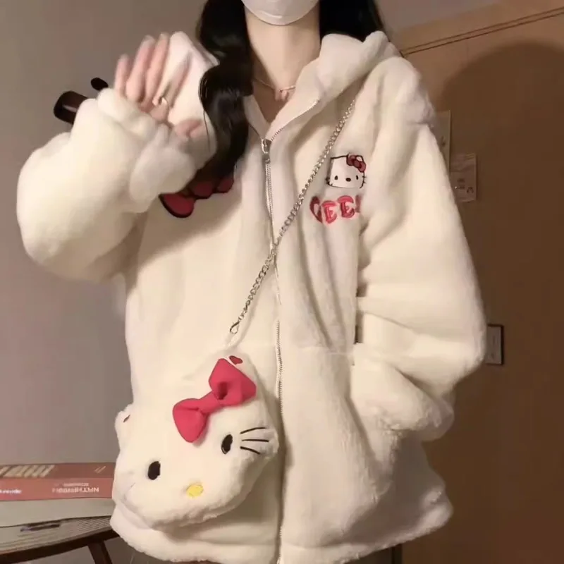 Hello Kitty Kawaii dicker pelziger Woll-Hoodie für Damen, lockere warme Sweatshirts, Herbst-Winter, niedliche weiche Mädchen-Mäntel, Hoodies 2025