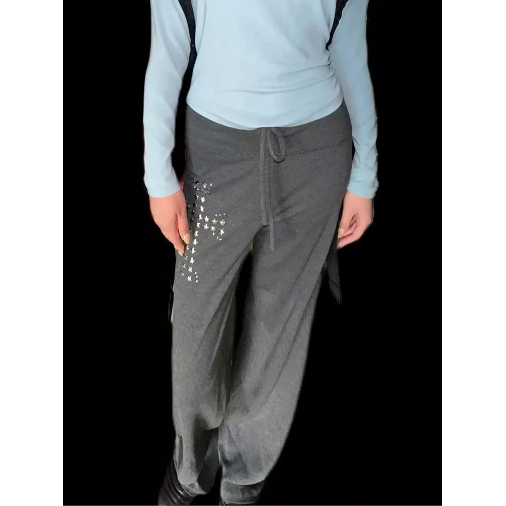 Y2K Women Low Waist Flare Pants Star Cross Rhinestone Print Drawstring Bootcut Trousers Gothic Streetwear Casual Sweatpants