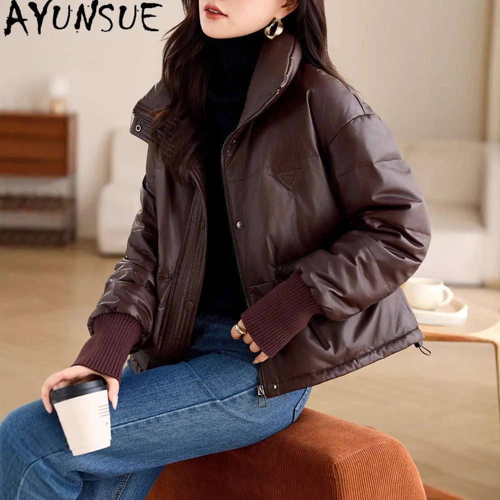 AYUNSUE Real Sheepskin Genuine Leather Jacket Women 2025 Winter Clothes Short Style White Goose Down Womens Coat Loose Fit
