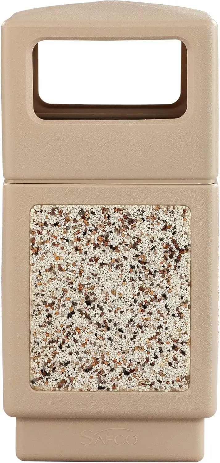 Outdoor-Indoor Aggregate Panel Trash, Garbage Can 9472TN, Tan, 0tural Stone Panels, Outdoor-Indoor Use, 38-Gallon Capacity