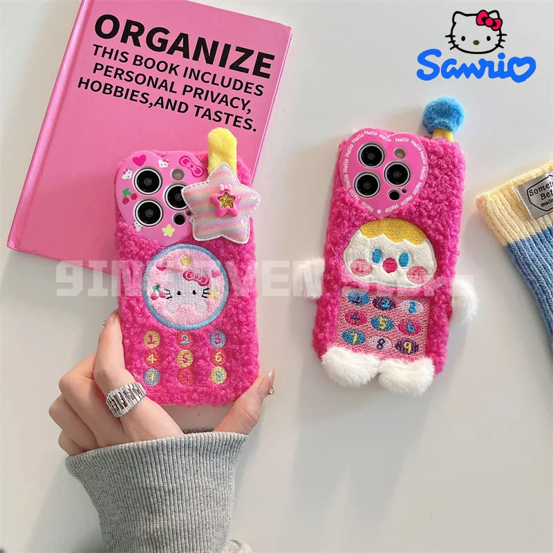 Sanrio Kawaii Hello Kitty Fall Winter Plush Embroidery Phone Cat For Apple 15promax Phone Case Cartoon Apple14/13 Anti-fall