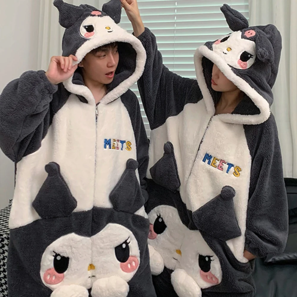 Anime Kuromi Jumpsuit Pajamas Sanrioed Cute Couple Plush Home Clothes Kawaii Cartoon Winter Men Women Hooded Plus Size Nightwear