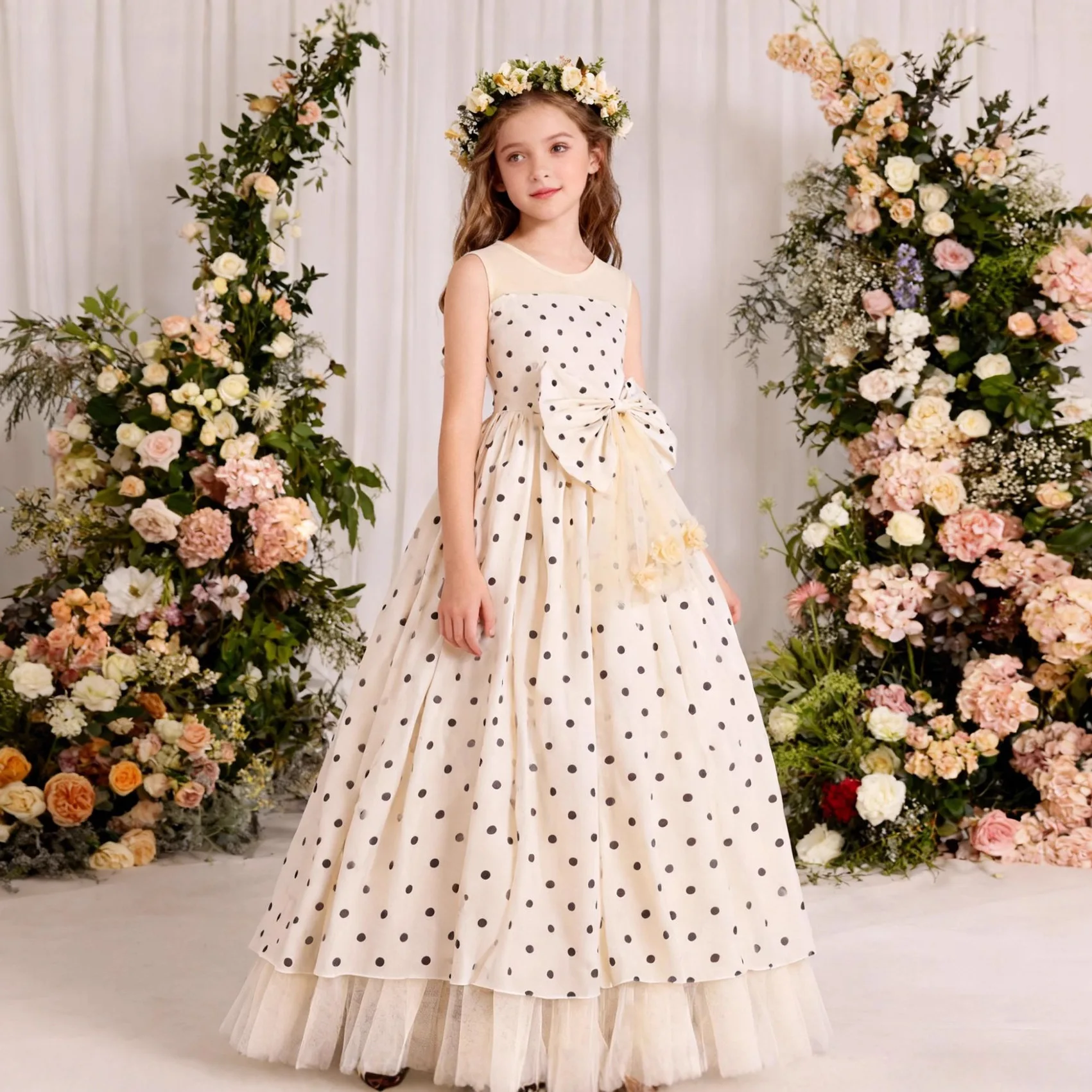Polka Dot Girl Maxi Dress Floor Length Tulle Ball Gown Big Bow Junior Bridesmaid Wedding Gown Teen Girls Formal Prom Party Dress