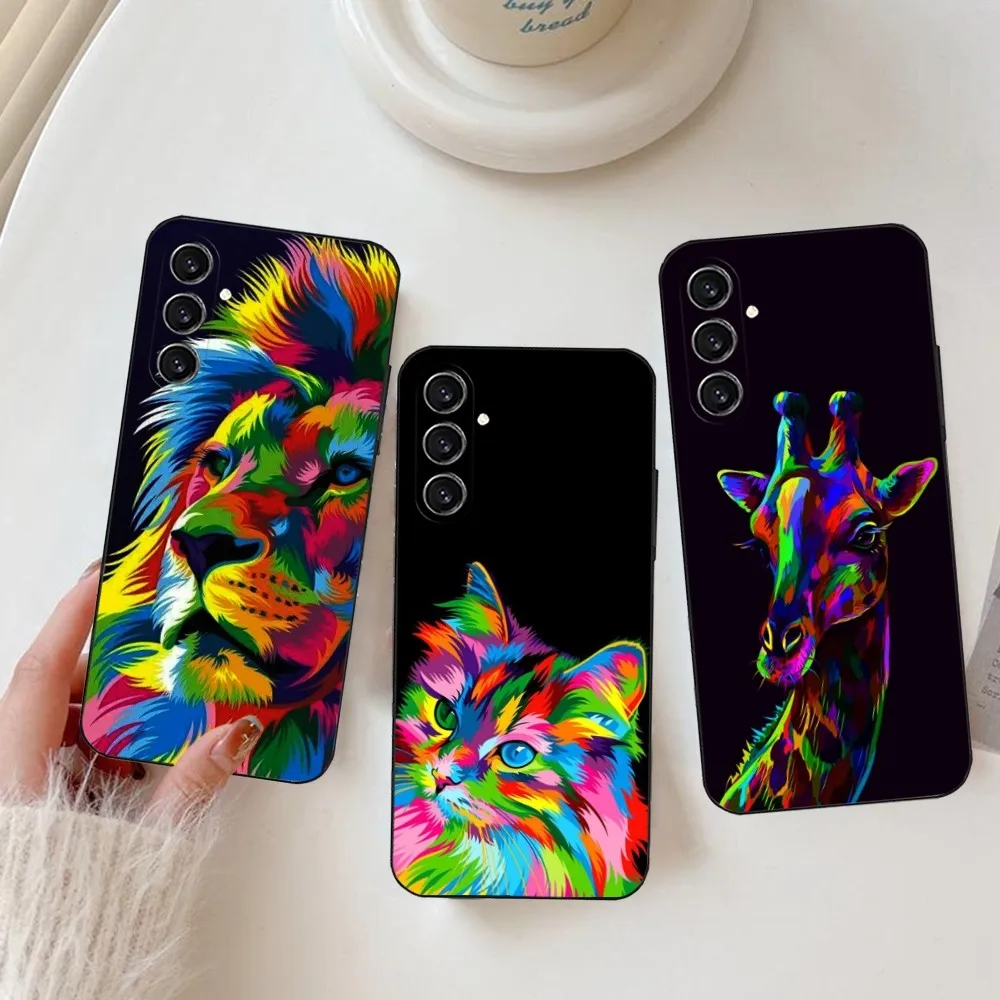 Coque en silicone souple avec animaux colorés, coque noire pour Samsung S24,23,22,30,21,10,9,Ultra,Plus,Lite,FE